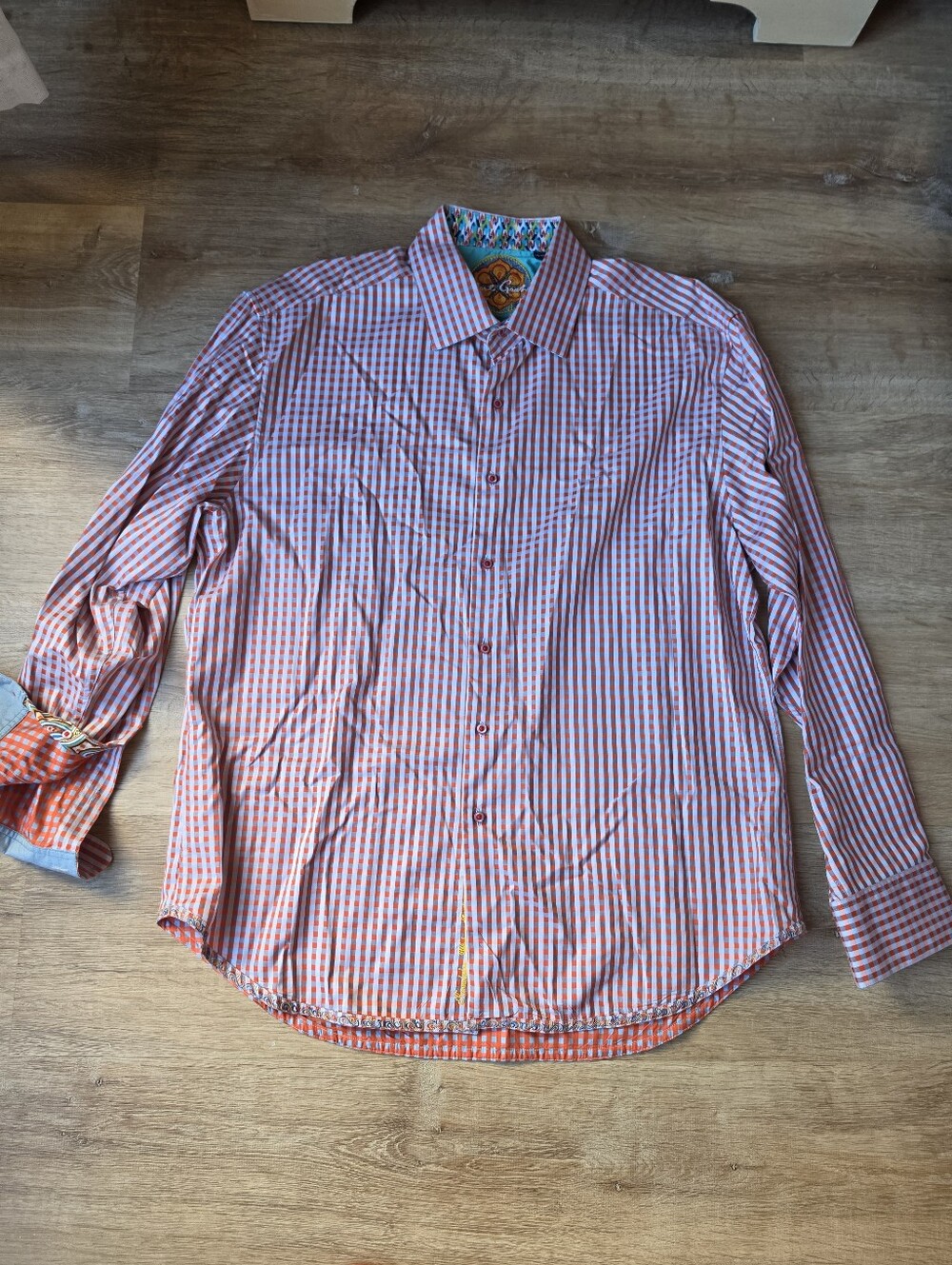 NWOT Robert Graham Orange Blue Check Long Sleeve Button Down Shirt 2XL